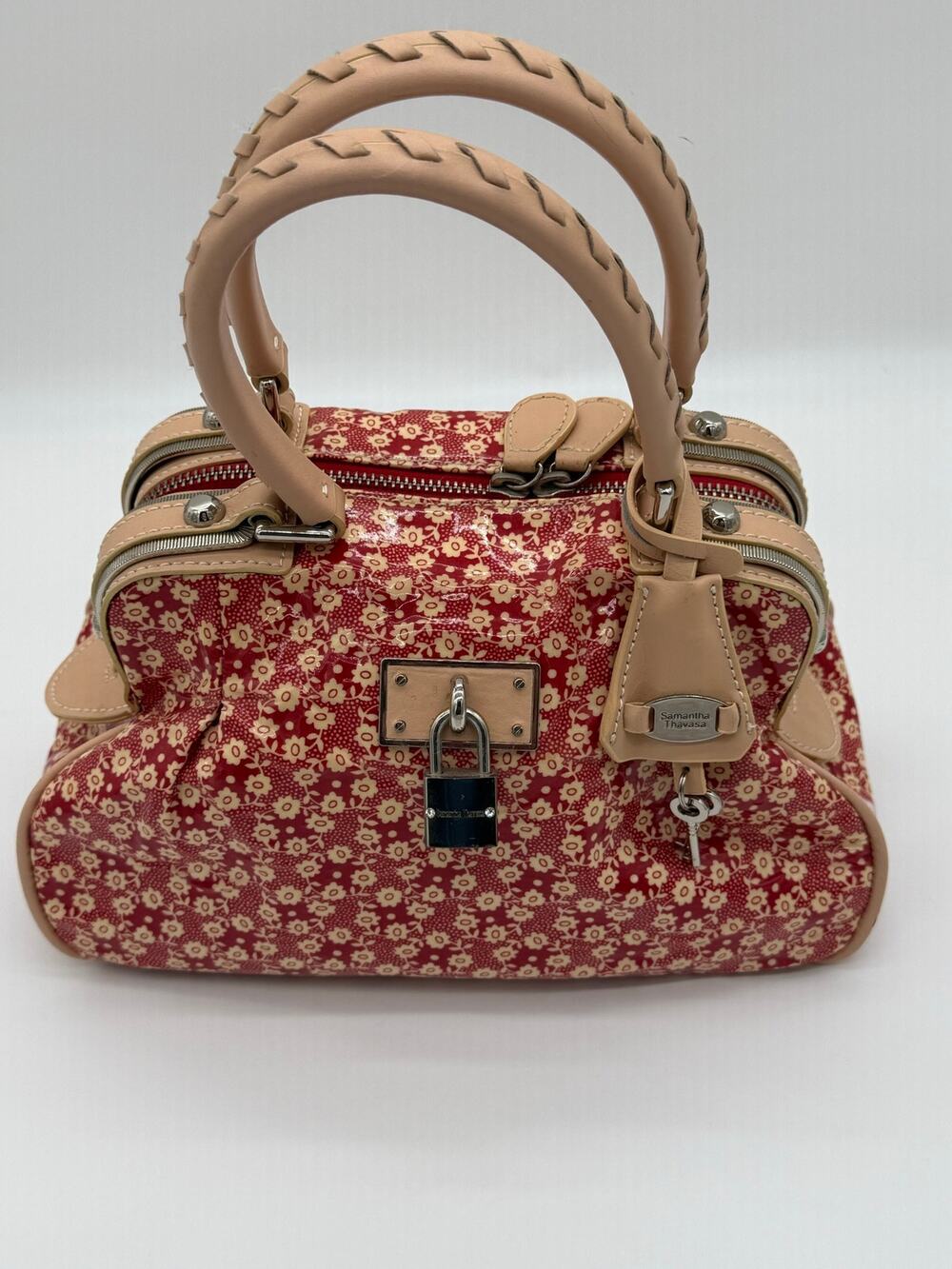 Samantha Thavasa Red Floral Patent Satchel Handbag Bow/Floral Print Bag Lock⁠